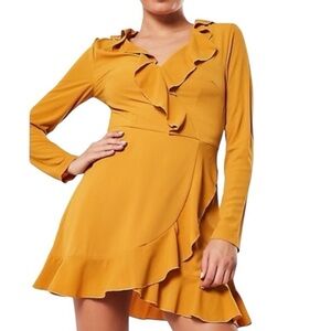 😍2/$20 NWT Misguided Sz S Spicy Mustard Yellow Ruffled V-Neck Mini Dress